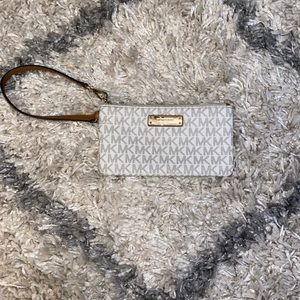 Michael Kors White Monogram Wristlet with Brown Faux Leather Accents